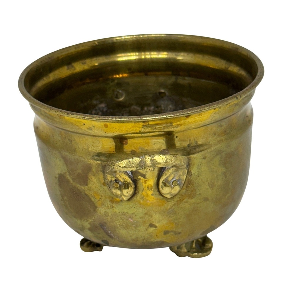 VTG Solid Brass Footed Cauldron Planter Gold Small Handled Pot Made In India